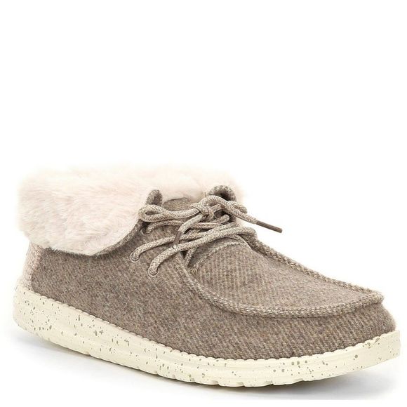 Hey Dude Shoes - Hey Dude BRITT Tan Tweed Leopard Heel Fur Lined Lace Up Shoes